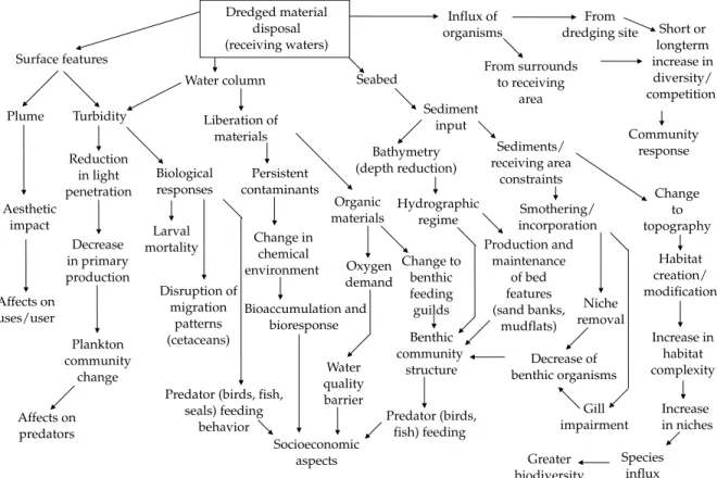 Figure 6.23 Potential environmental impacts of estuarine dredged material disposal—conceptual model.