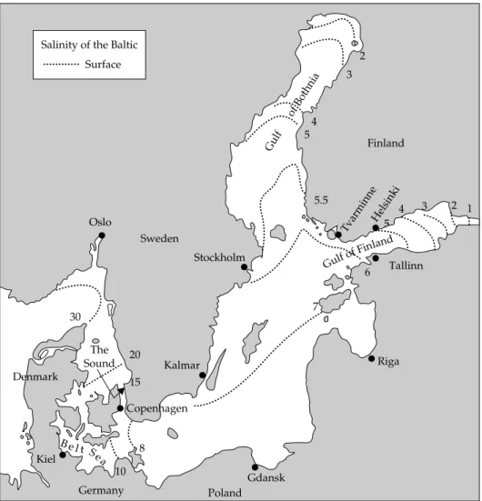 Figure 1.11 Map of the Baltic Sea, showing average surface salinity. (Redrawn from Segerstrale.)