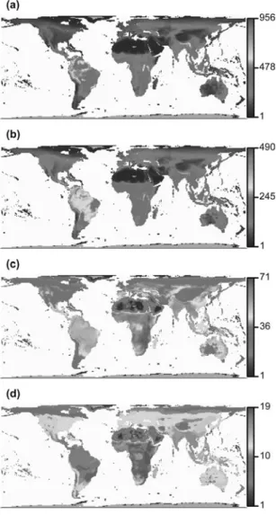 Figure 2.3 Global richness patterns for birds of (a) species, (b) genera, (c) families, and (d) orders