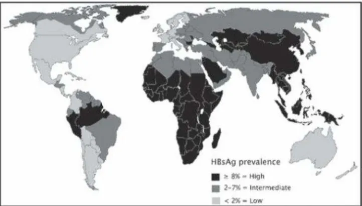 Gambar 2.7 Daerah penyebaran penyakit hepatitis B berdasarkan 