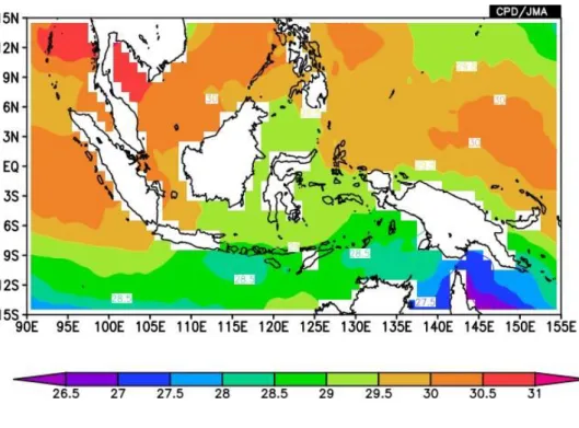 Gambar I.7 Analisis Suhu Muka Laut di Wilayah Indonesia Bulan Agustus 2022  (Sumber : ITACS, 2022) 