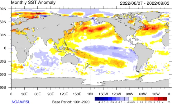 Gambar I.1. Anomali Suhu Muka Laut (SST) Bulan Agustus 2022(Sumber: NOAA,  2022) 