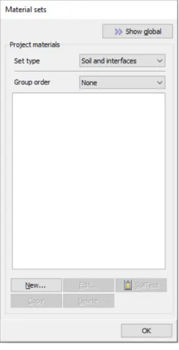 Figure 6: Material sets window 2. Click the New button at the lower side of the Material sets window.