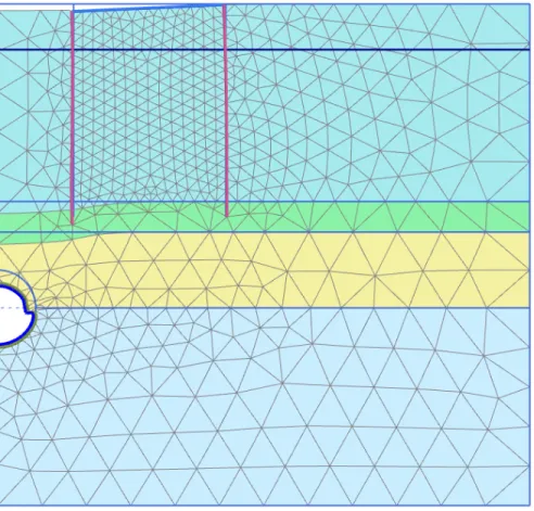 Figure 62: Deformed mesh after construction of the tunnel (Phase 5; scaled up 20 times)