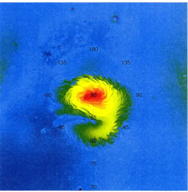 Figure  2.4:  Polar stereographic  projection showing  the  high  resolution  digital  topo- topo-graphic model  of the North polar region from  latitude 70°  N  to the pole  (Zuber et al