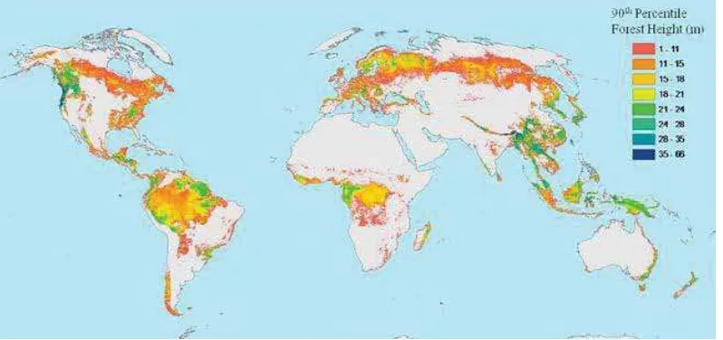 Gambar 1.2. Peta ketinggian dan hutan – hutan yang ada di seluruh dunia Sumber: Geophysical Research Letters bulan Juli 2010 