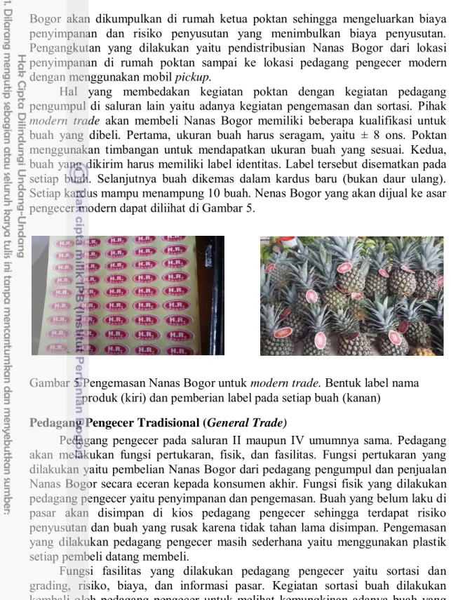 Gambar 5 Pengemasan Nanas Bogor untuk  modern trade.  Bentuk label nama  produk (kiri) dan pemberian label pada setiap buah (kanan)   Pedagang Pengecer Tradisional (General Trade) 