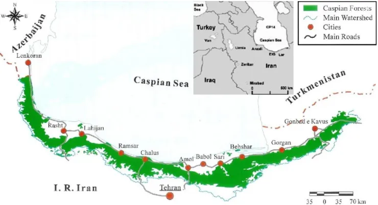 Figure 1. Extent of Hyrcanian forests and study area the in northern Iran (modified after Nosrati et al