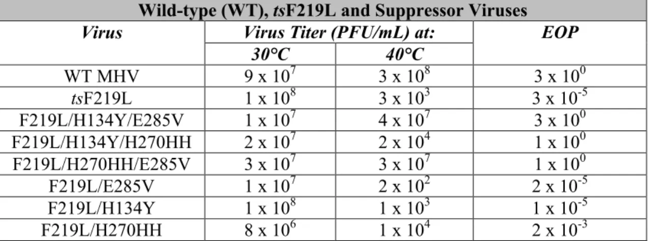 Table 2.2. Virus titers and EOP for WT, tsF219L and suppressor viruses 