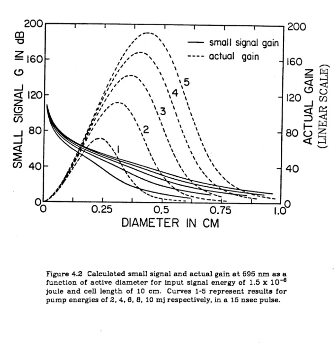 Figure 4.2  Calculated small signal and actual gain at 595 nm as a  function  of active  diameter for  input  signal energy of  1.5 x  1  o-e 