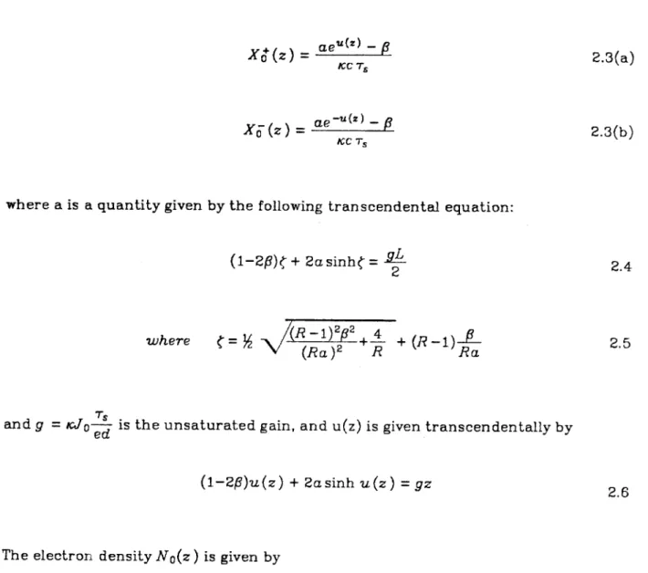 Fig.  2.1  shows  plots  of  Xt  (z ),Xc) (z)  and  g 0 (z)  =  1ecN  0 (z)  for  a  300µm  laser  with  three  values  of  end  mirror  refiectivities,  (a)  0.3,  (b)  0.1  and  (c)  0.9