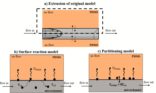 Figure 3.1 a) Extension of the original model by including PDMS bulk section on top and below  the microchannel (the dotted box represents the section of the geometry that are shown in b and c; 