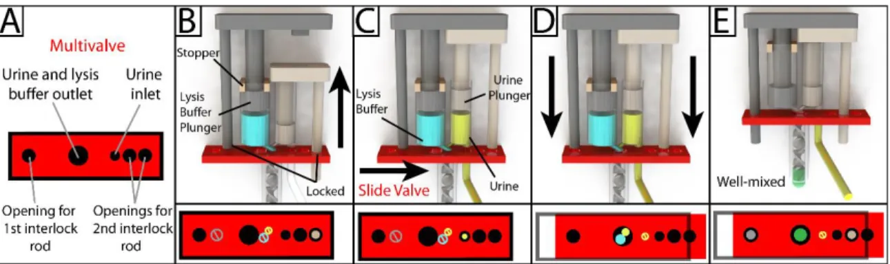 Figure 4.1: Schematic overview of the design and operation of the 3D-printed  interlock meter-mix device for metering and mixing a urine sample with lysis  buffer
