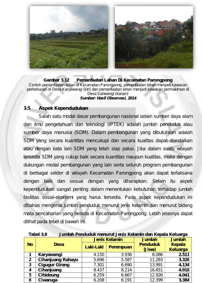 Gambar 3.12    Pemanfaatan Lahan Di Kecamatan Parongpong  Contoh pemanfaatan lahan di Kecamatan Parongpong, pemanfaatan lahan menjadi kawasan  perkebunan di Desa Karyawangi (kiri) dan pemanfaatan lahan menjadi kawasan permukiman di 