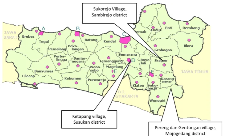 Figure 1. The map of wetland organic rice farming areas in Central Java showing the areas of study 
