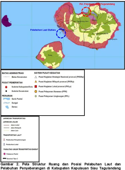 Gambar 2. Peta Struktur Ruang dan Posisi Pelabuhan Laut dan  Biaro di Pulau SiauPelabuhan Penyeberangan di Kabupaten Kepulauan Siau Tagulandang  