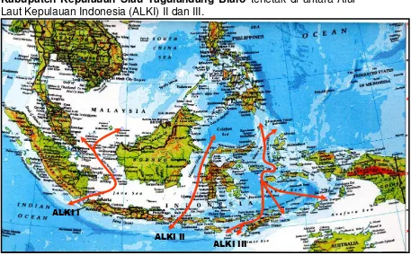 Gambar 4. Peta Alur Laut Kepulauan Indonesia (ALKI) I, II dan III Sumber : Dinas Perhubungan, Komunikasi dan Informatika Provinsi Sulut, 2013 