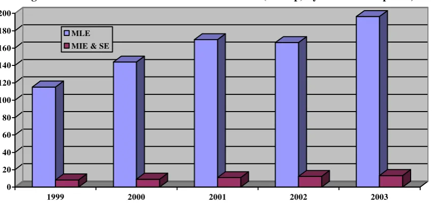 Figure 7: Value Added-Number of Workers Ratio (000 Rp) by Size of Enterprises, 1999-2003  