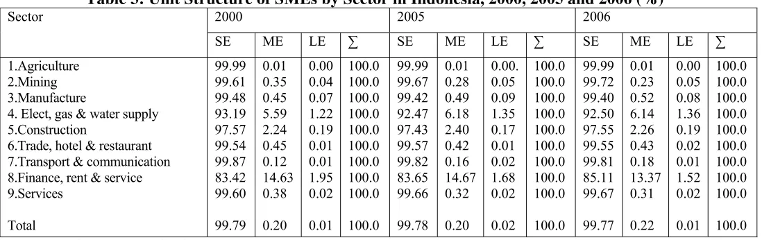Table 3: Unit Structure of SMEs by Sector in Indonesia, 2000, 2005 and 2006 (%) 