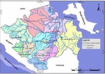 Gambar 1.  Peta administrasi dan Jaringan sungai Provinsi Sumatera Selatan 