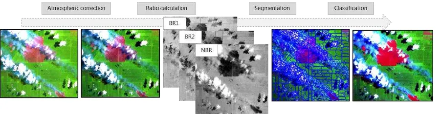 Figure 6: Processing steps from atmospheric correction of the Landsat data to the segmentation andfinally the classification.