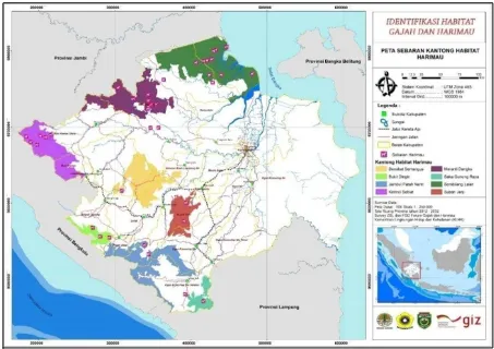 Gambar 3.4.  Sebaran kantong habitat harimau (Panthera tigris sumatrae) di Sumatera Selatan 