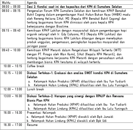 Tabel  2 Agenda dan tata waktu kegiatan hari kedua rapat koordinasi KPH se Sumatera Selatan 