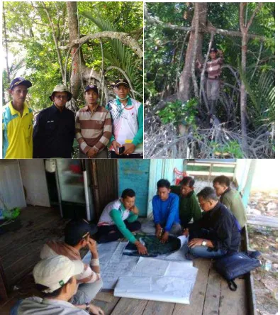 Gambar 6. Pohon Tanda Batas Desa Muara Sungsang dengan Desa Teluk Payo di Tanjung Genuk (atas), diskusi rencana pengecekan batas di peta (bawah) 