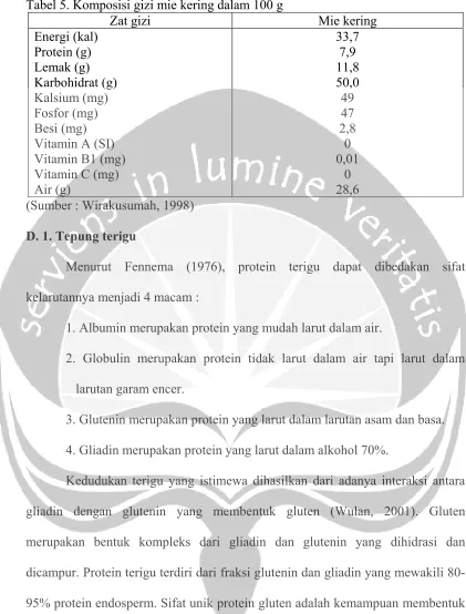 Tabel 5. Komposisi gizi mie kering dalam 100 g 