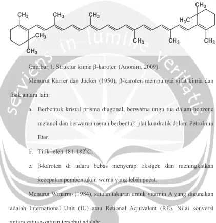 Gambar 1. Struktur kimia β-karoten (Anonim, 2009) 