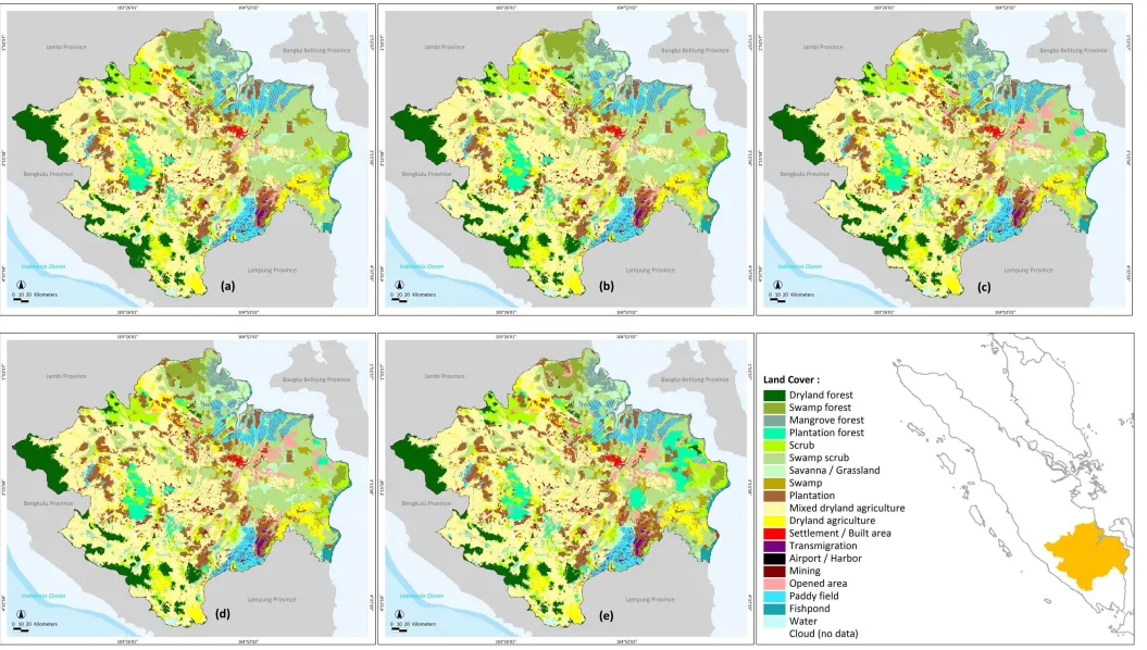 Figure 3.4. Land cover of South Sumatra Province in (a) 2000 (b) 2003 (c) 2006 (d) 2009 and (e) 2012 