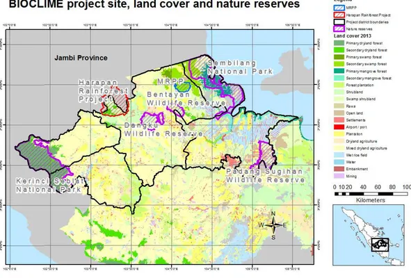 Figure 1 Map of the BIOCLIME project area showing land cover of 2013, the project boundaries, and major protected areas (all data provided by BIOCLIME project except Harapan rainforest project, which was digitised from http://www.mongabay.co.id/2013/10/23/