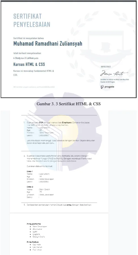 Gambar 3. 3 Sertifikat HTML &amp; CSS 