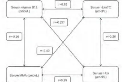 Figure 2. Spearman’s correlations between biomarkers of vitamin B 12  status (all p&lt;0.0001)  a partial correlation,  adjusted for serum folic acid level