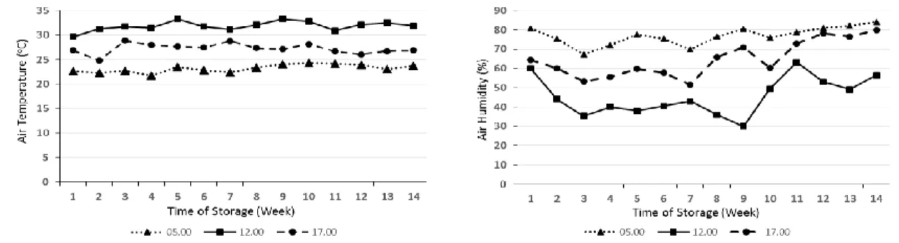 Figure 1. Temperature (°C) and humidity (%) in storage time Observation  on  Physical  Characteristics  of 