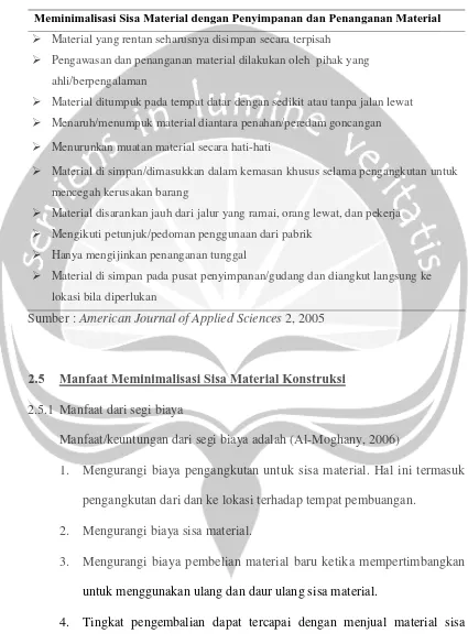 Tabel 2.7  Metode Meminimalisasi Sisa Material dengan Penyimpanan dan Penanganan Material Menurut Penelitian di Barat Daya Nigeria 