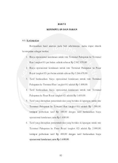 KESIMPULAN DAN SARAN EVALUASI KELAYAKAN TARIF ANGKUTAN UMUM PERKOTAAN ...