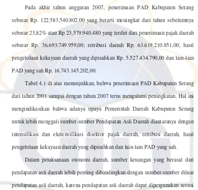 Tabel 4.1 di atas menunjukkan, bahwa penerimaan PAD Kabupaten Serang 