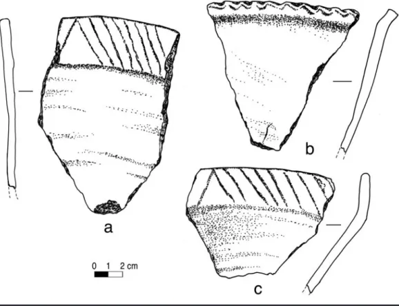FIGURE 4.10. slipped and decorated rim sherds: a, sanders Engraved rim with engraving on inner surface; 