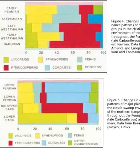 Figure 4. Changes in domi-  nance patterns of major plant  groups in tine clastic swamp  environment of the tropics  throughout the Pennsylvanian  (late Carboniferous) and earli-  est Permian