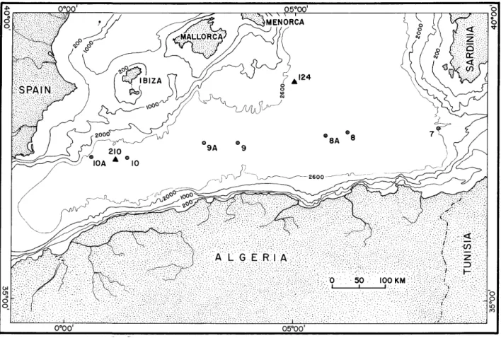 FIGURE 1.—Locations and numbers of seven cores taken from the Balearic Abyssal Plain (hiring March-April 1972 aboard the USNS Lynch
