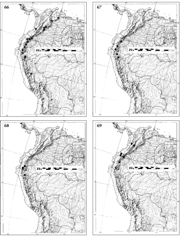 Figs 66-69. Distributions. 66, T. timaeus, the exact locality in Bolivia (?) is uncertain; 67, T