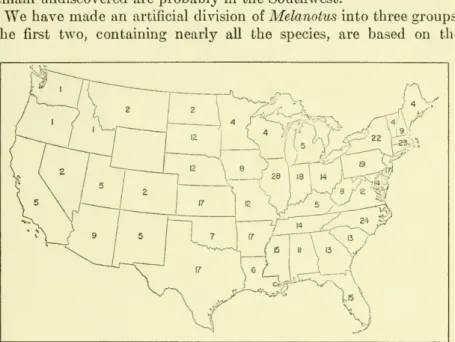 Figure 1. — Distribution of Melanotus in the United States (figures indicate the number of species recorded in each state or area).