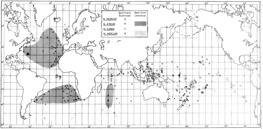 FIGURE 5.—Distributions and localities for material examined for species of the Nigrum Group.