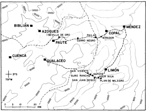 FIGURE 24.—Route of collecting transect made in August 1962, by J. A. Peters and party, showing localities along mule trails from whence material was obtained