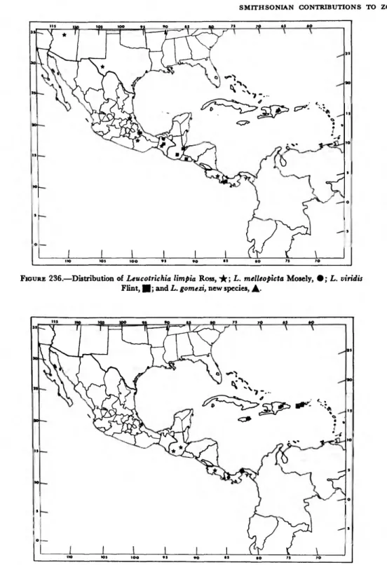 FIGURE 236.—Distribution of Leucotrichia limpia Ross, &#34;£; L. melleopicta Mosely,  # ; L