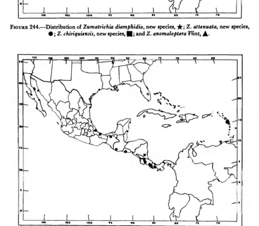 FIGURE 245.—Distribution of Zumatrichia bifida, new species, if; Z. palmara, new species, Z