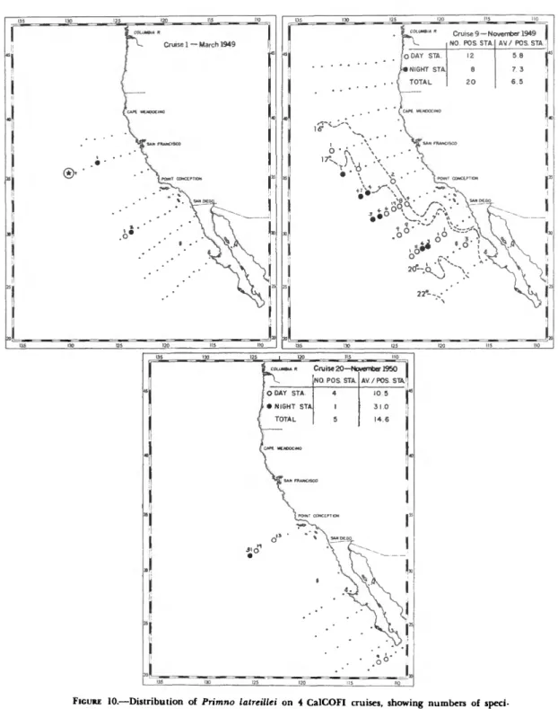 FIGURE 10.—Distribution of Pritnno latreillei on 4 CalCOFI cruises, showing numbers of speci- speci-mens per 1000 m3 of water filtered