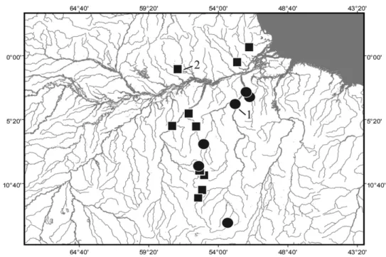 Figure 6. Map of lower portion of Amazon basin and adjoining areas, showing geographical distribution of Archolaemus janeae sp