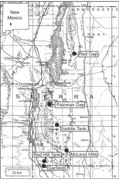 fiGUre 1. map of the fra Cristobal and Caballo mountains in Sierra  County, new mexico, showing locations of measured sections of the  abo formation discussed in the text.